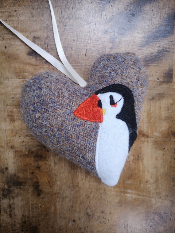 Hand crafted Harris Tweed animal design embroidered hanging heart decoration