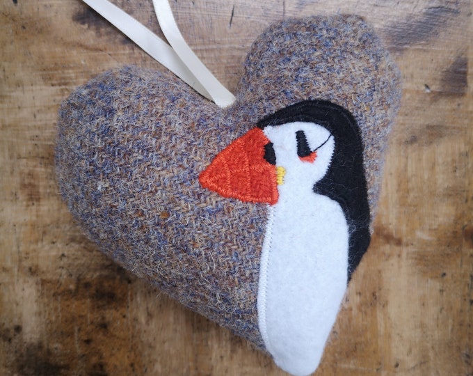 Hand crafted Harris Tweed animal design embroidered hanging heart decoration
