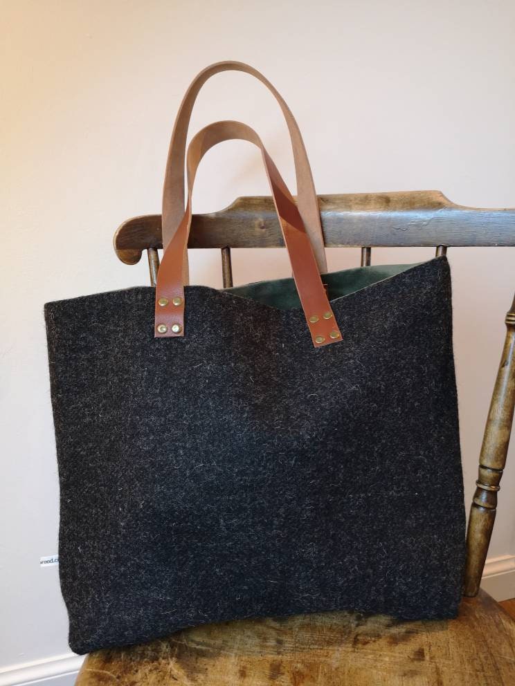 Hand Crafted charcoal grey Harris Tweed tote bag with real leather handles