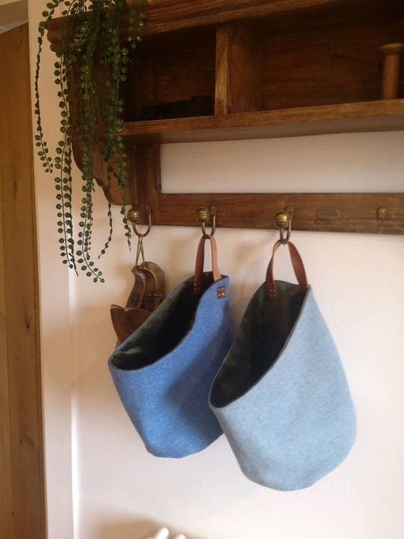 Harris Tweed storage solution, basket with real leather handle