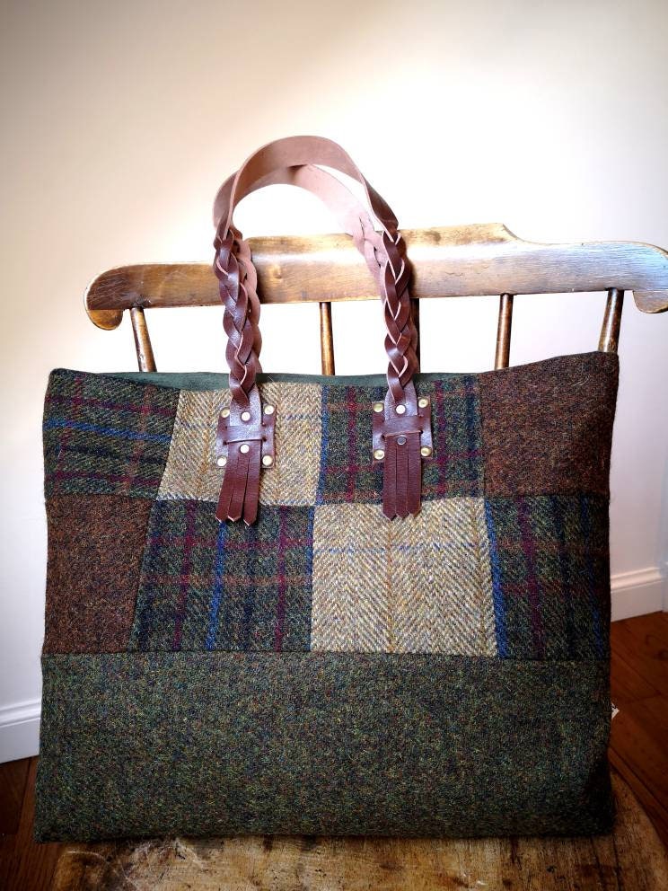 Hand Crafted Harris Tweed tote bag with real leather handles