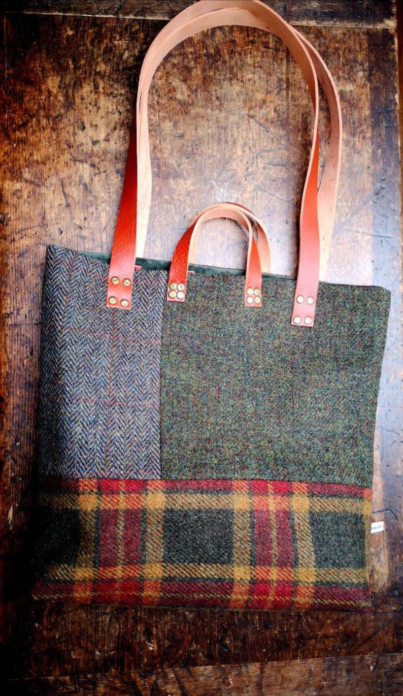 Hand Crafted Harris Tweed tote bag with real leather handles