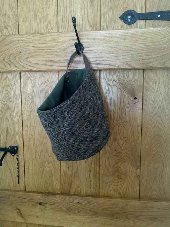 Hand Crafted Harris Tweed storage solution, basket with real leather handle