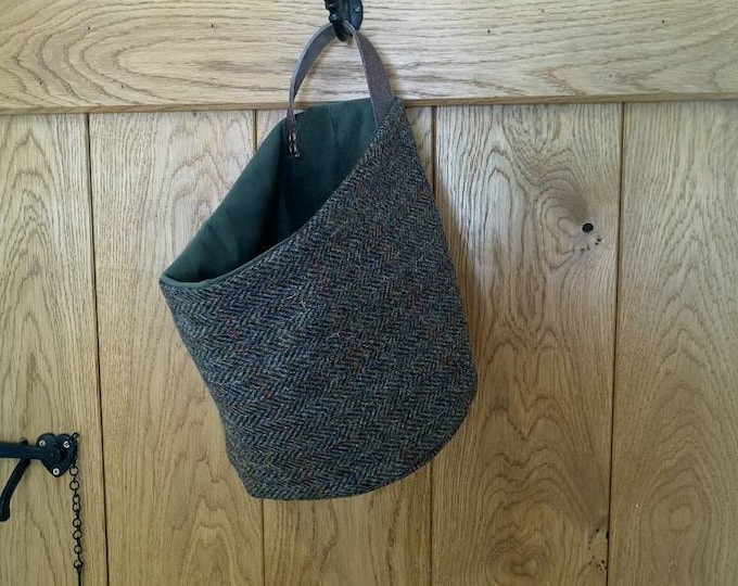 Hand Crafted Harris Tweed storage solution, basket with real leather handle