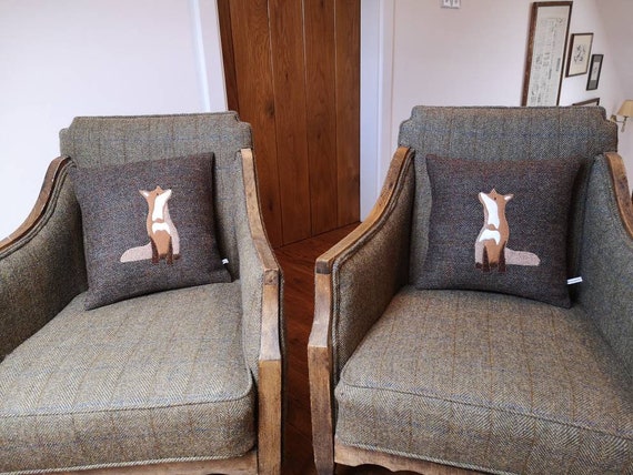 Hand Crafted Harris Tweed fox embroidered cushion cover