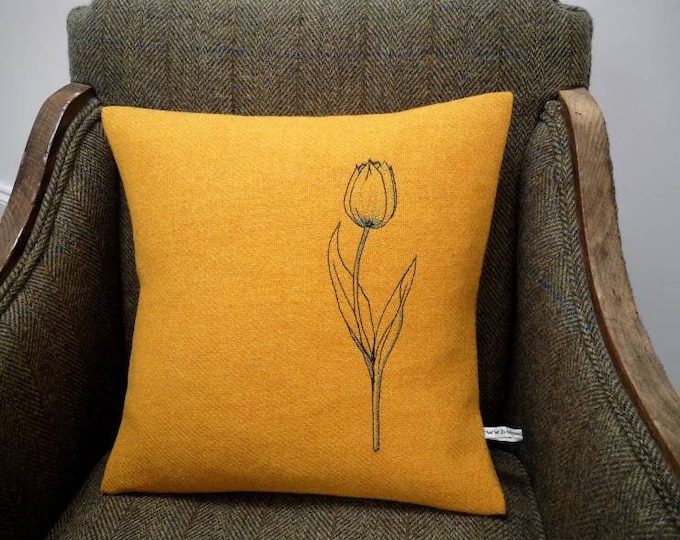 Tulip embroidered Harris Tweed cushion cover