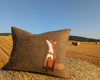 Hand Crafted Harris Tweed fox embroidered cushion cover