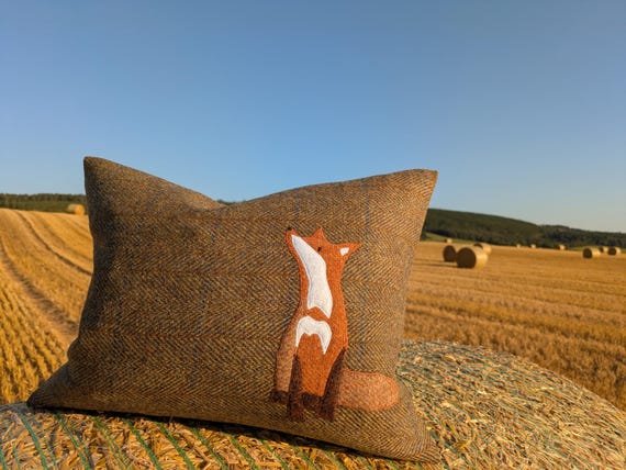 Hand Crafted Harris Tweed fox embroidered cushion cover