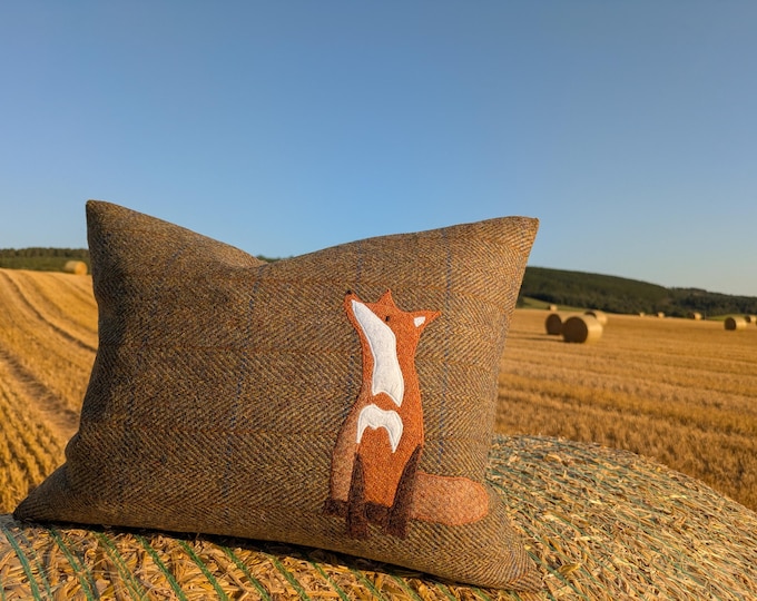 Hand Crafted Harris Tweed fox embroidered cushion cover