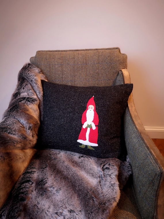 Harris Tweed Santa embroidered Christmas cushion cover