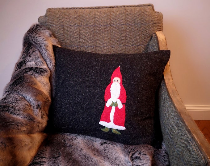 Harris Tweed Santa embroidered Christmas cushion cover