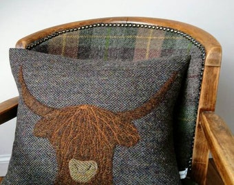 Handgefertigte Harris Tweed Highland Kuh bestickter Kissenbezug