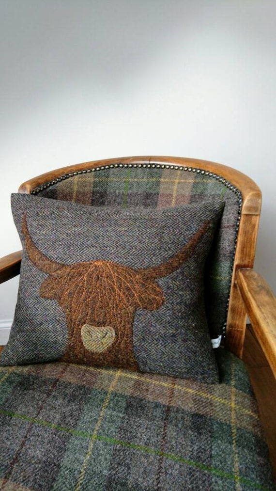 Hand Crafted Harris Tweed Highland Cow embroidered Cushion cover