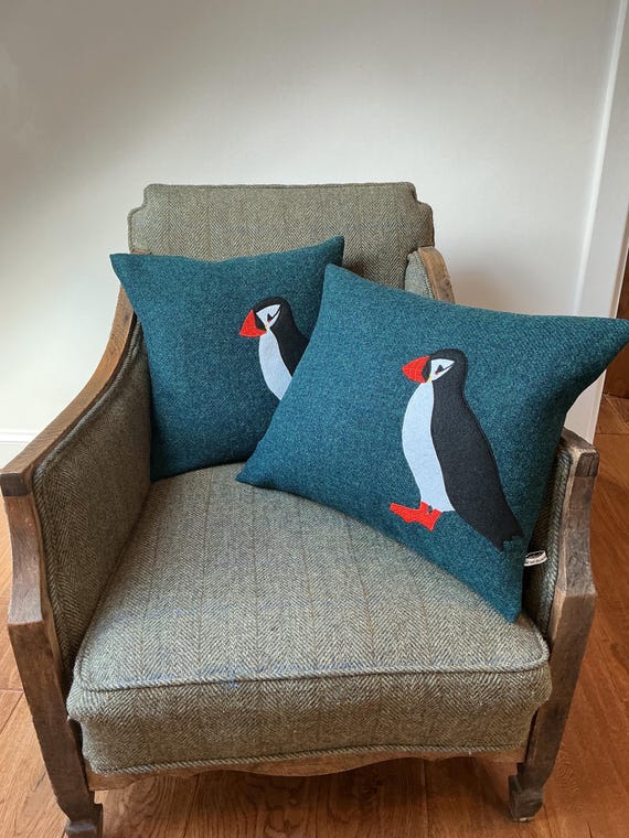 Hand Crafted Harris Tweed Puffin embroidered cushion cover