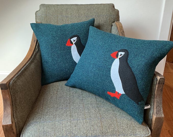 Hand Crafted Harris Tweed Puffin embroidered cushion cover