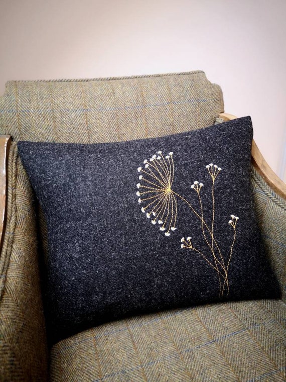 Hand Crafted Harris Tweed charcoal grey embroidered cushion cover