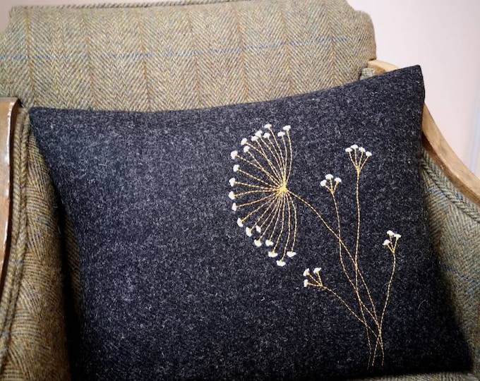 Hand Crafted Harris Tweed charcoal grey embroidered cushion cover