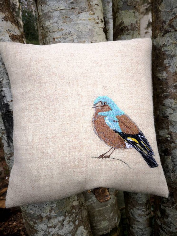 Hand Crafted Harris Tweed bird chaffinch embroidered cushion cover
