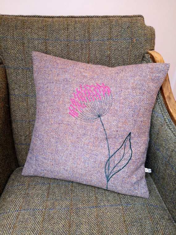 Harris Tweed floral embroidered cushion cover
