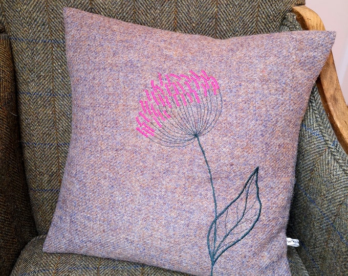 Harris Tweed floral embroidered cushion cover
