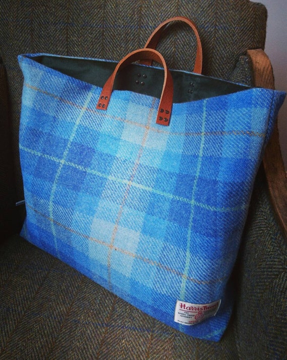 Hand Crafted Harris Tweed tote bag with real leather handles