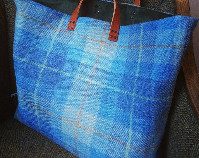 Hand Crafted Harris Tweed tote bag with real leather handles