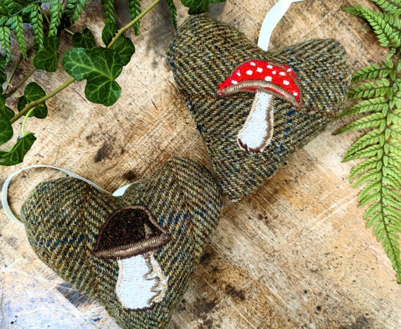 New mushroom Harris Tweed hanging heart decoration