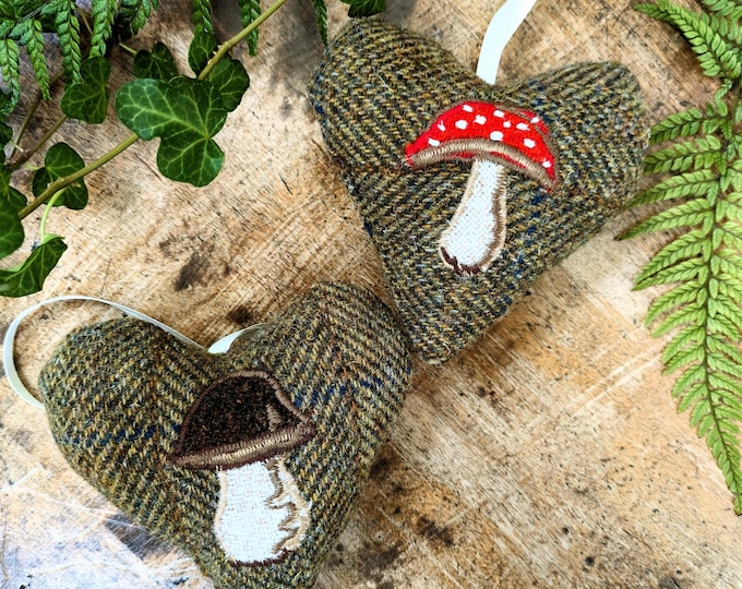 New mushroom Harris Tweed hanging heart decoration