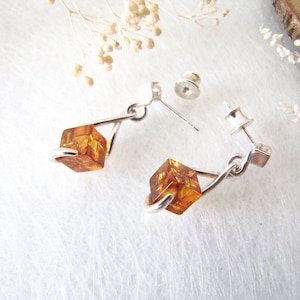 Contemporary design Baltic Amber Earrings, Cubic Amber Earrings, Honey Amber Stud Earrings, Dangle Earrings, Sterling Silver Earrings