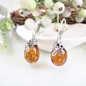 Poland Baltic Amber Earrings, Honey Baltic Amber Earrings, Oval Amber Earrings, Inclusion Fossil, Sterling Silver Earrings