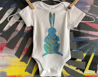 Baby Rabbit Bodysuit, Cotton Bunny Newborn Gift, Unique Hand Painted Jungle Rabbit, Firstborn Baby Shower Gift, Gender Neutral Baby Clothes