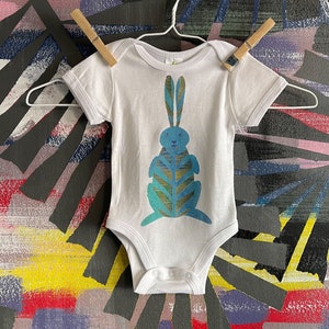 Baby Rabbit Bodysuit, Cotton Bunny Newborn Gift, Unique Hand Painted Jungle Rabbit, Firstborn Baby Shower Gift, Gender Neutral Baby Clothes image 1