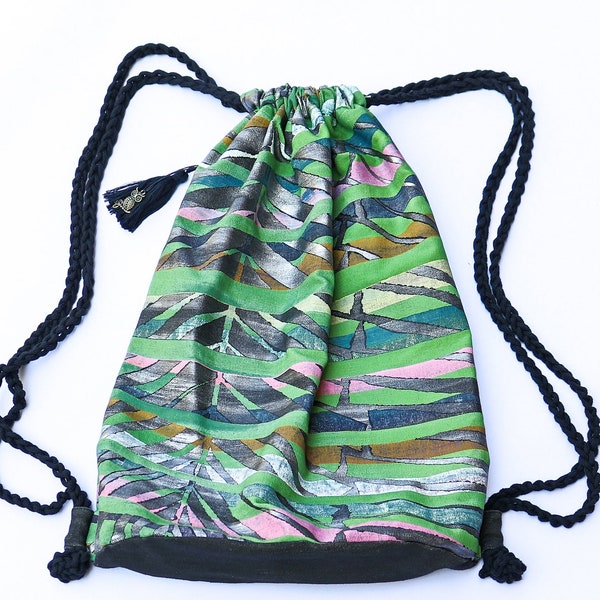 Eco Friendly Drawstring Backpack, Oversized Unique Vegan Yoga Bag, Designer Rucksack, Bright Rainbow Silver Palm Leaf Painting, Gift for Her