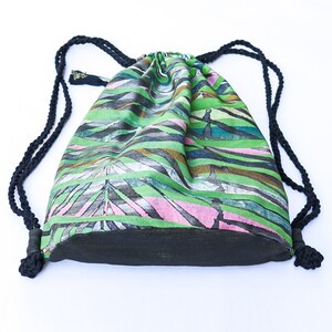 Eco Friendly Drawstring Backpack, Oversized Unique Vegan Yoga Bag, Designer Rucksack, Bright Rainbow Silver Palm Leaf Painting, Gift for Her image 3