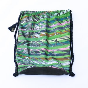 Eco Friendly Drawstring Backpack, Oversized Unique Vegan Yoga Bag, Designer Rucksack, Bright Rainbow Silver Palm Leaf Painting, Gift for Her image 2