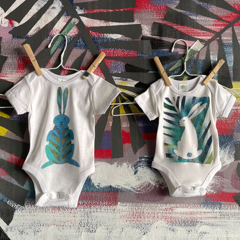 Rabbit Bodysuit, Bunny Baby Gift, Hand Painted Newborn Clothes, Jungle Rabbit Shower Gift, Unique Cotton Gift, Gender Neutral Baby Fashion image 8