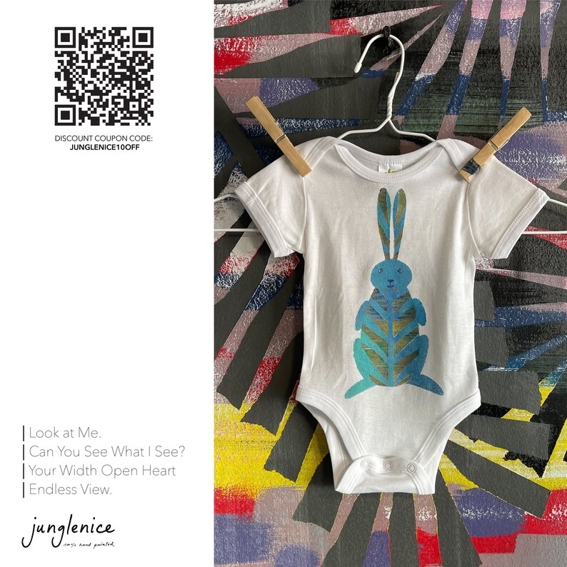 Body pour bébé lapin, cadeau de bébé lapin en coton, lapin de jungle peint à la main unique, cadeau de douche de bébé premier-né, vêtements de bébé neutres en matière de genre image 10