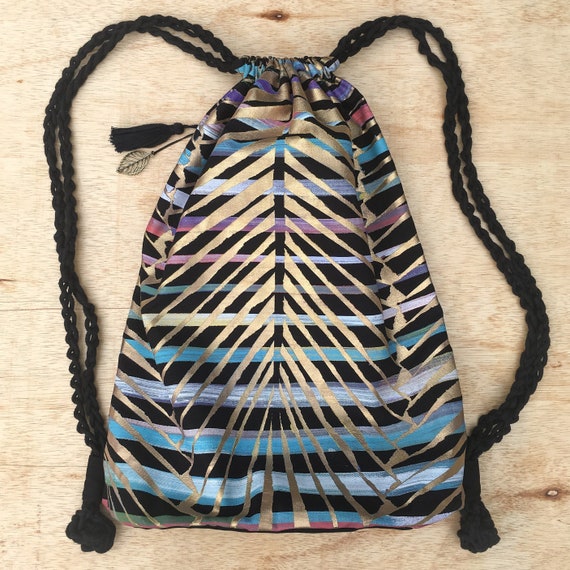 Oversized Canvas Drawstring Backpack, Designer Rucksack, Unique Vegan Yoga  Bag, Ethereal Golden Palm Leaf Painting, Gift for Her 