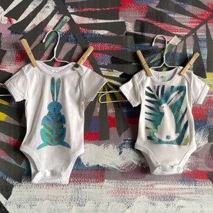 Baby Rabbit Bodysuit, Cotton Bunny Newborn Gift, Unique Hand Painted Jungle Rabbit, Firstborn Baby Shower Gift, Gender Neutral Baby Clothes image 8