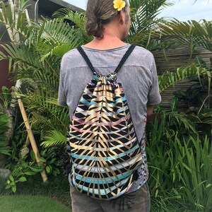 Oversized Canvas Drawstring Backpack, Designer Rucksack, Unique Vegan Yoga Bag, Ethereal Golden Palm Leaf Painting, Gift for Her image 5