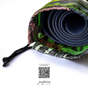 Yoga Mat Bag, Rainbow Jungle Painting, Green Eco Friendly Natural Drawstring Bag, Psy Silver Hand Painted Palm Leaf, Boho Vegan Yoga Bag image 9