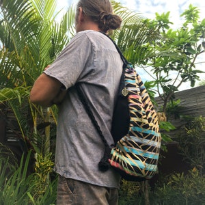 Oversized Canvas Drawstring Backpack, Designer Rucksack, Unique Vegan Yoga Bag, Ethereal Golden Palm Leaf Painting, Gift for Her image 6