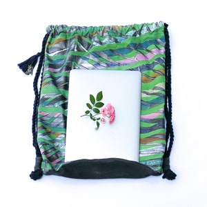 Eco Friendly Drawstring Backpack, Oversized Unique Vegan Yoga Bag, Designer Rucksack, Bright Rainbow Silver Palm Leaf Painting, Gift for Her image 5