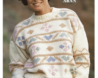 Women's sweater knitting pattern, Fair Isle pattern, drop shoulder, Aran.