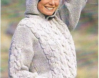 Aran hooded sweater knitting pattern size 28 to 38 in chest. Cable knitting, warm and stylish.