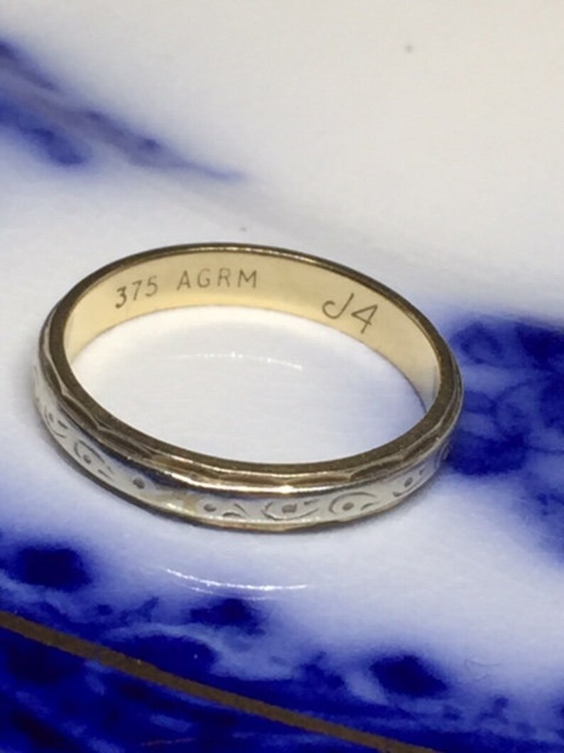 stacking ring keeper ring white gold top with yellow gold band Vintage 9ct two tone patterned wedding band