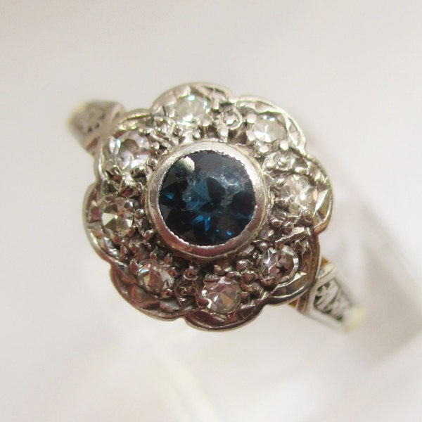 RESERVED FOR ERICA                      Gorgeous sapphire & diamond engagement cluster ring, classic vintage/antique Art Deco daisy ring