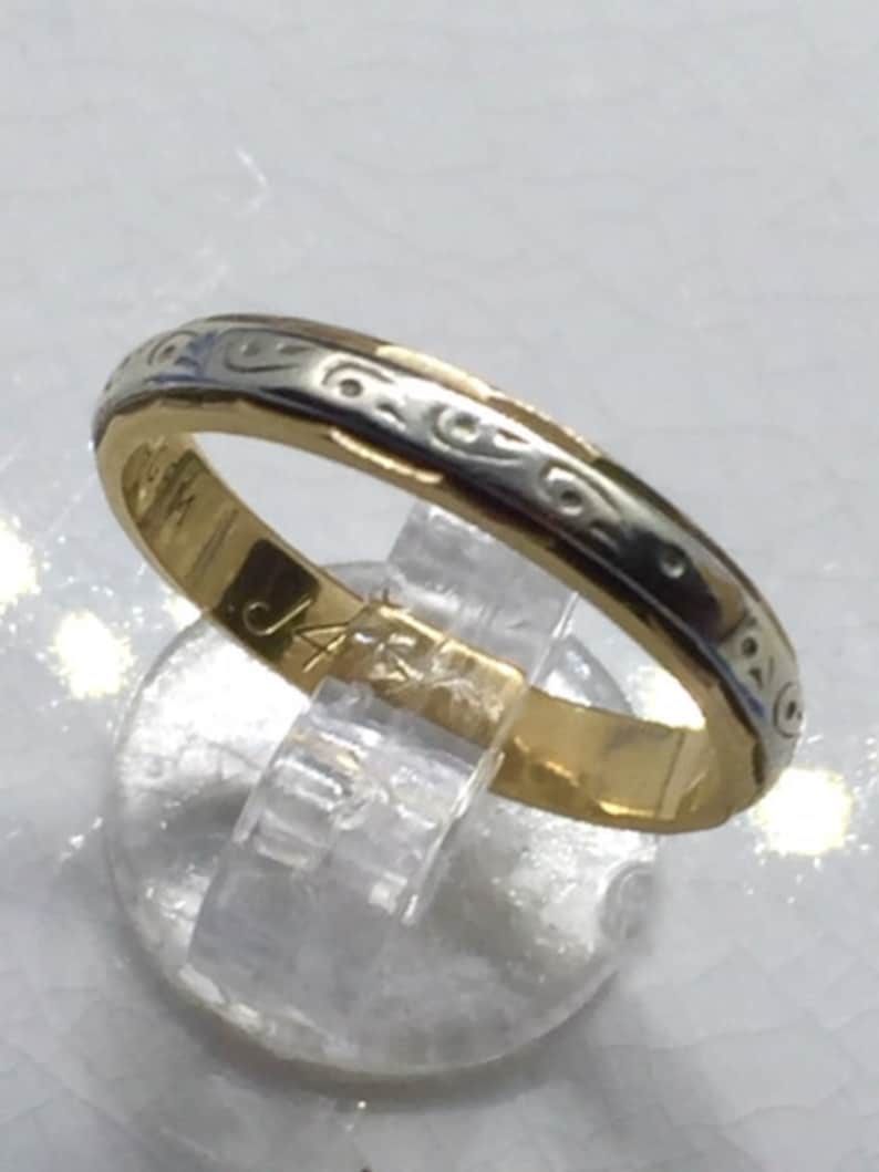 stacking ring keeper ring white gold top with yellow gold band Vintage 9ct two tone patterned wedding band