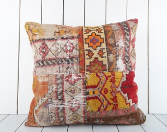 Vintage Turkish Kilim Pillow Cover: 20x20 inch Anatolian Home Decor
