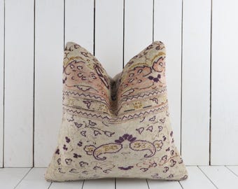 手作りトルコキリム枕：刺繍ウールクッションカバー（18インチ×18